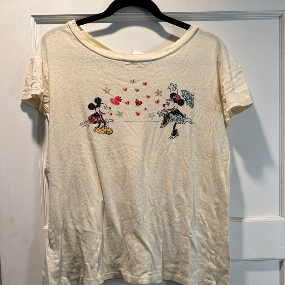 Cream T-Shirt with Rhinestone-clad Mickey and Minnie Mouse Design